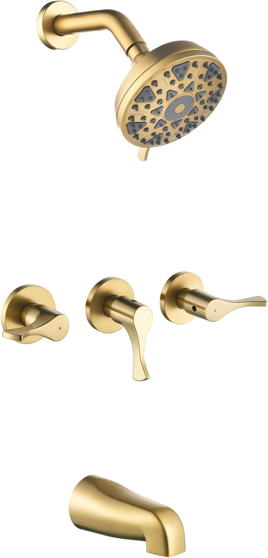 3 Handles Shower Faucet Set with Tub Spout Bathtub Shower Faucet Combo Set Shower System Complete Tub and Shower Trim Kit Brushed Gold Shower Set