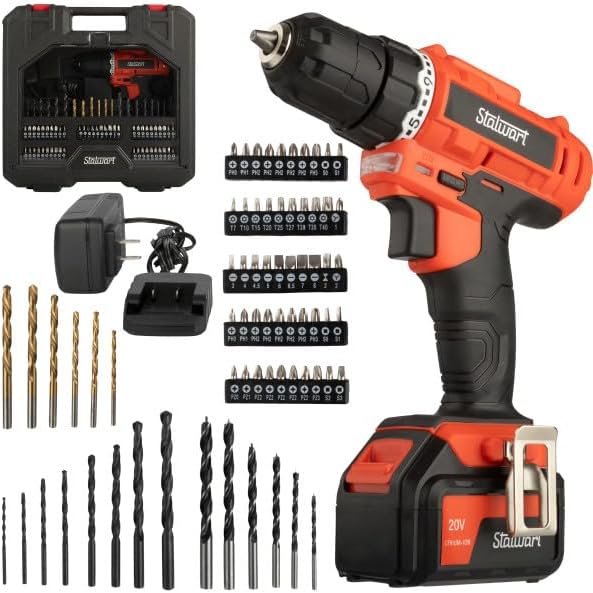 71-Piece Drill Set - 20V Cordless Drill with 21+1 Torque and Accessory Kit with Rechargeable Battery, LED Light, and Drill Bit Set by Stalwart (Red)