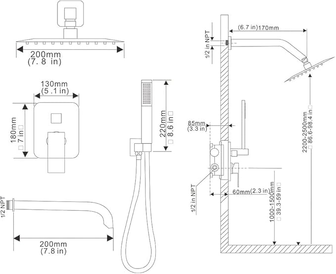 Chrome Shower System Bathroom Shower Faucet Set with Tub Spout Wall Mounted 8 Inch Shower Head and Handle Set with Handheld 3 Function Tub and Shower Trim Kit with Rough-in Valve