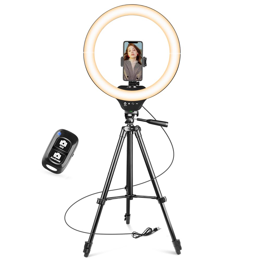 Sensyne 10'' Ring Light with 50'' Extendable Tripod Stand, LED Circle Lights with Phone Holder for Live Stream/Makeup/YouTube Video/TikTok, Compatible with All Phones