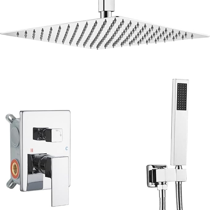 Polished Chrome Shower System Bathroom 16 Inch Rain Shower Head Ceiling Mount with Handheld Luxury High Pressure Shower Combo Set Shower Faucet Rough-in Valve Body and Trim Included
