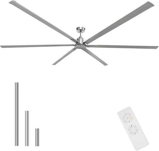 GESUM 100 Inch Ceiling Fans with Remote Control, Industrial Ceiling Fan with 6 Aluminum Blades, 3 Downrods, Reversible, 6-Speeds, Large Ceiling Fan for Porch/Garage/Shop (Brushed Nickel)