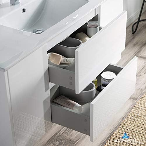Blossom Single Bathroom Vanity with Ceramic Sink and Mirror | All Wood Floating Vanity Cabinet | 2 Doors and Soft-Closing U-Shaped Cutout Drawers| 48" w/Ceramic Sink and Mirror, Glossy White