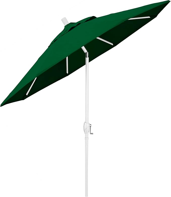 California Umbrella 7.5' Round Aluminum Market Umbrella, Crank Lift, Push Button Tilt, White Pole, Hunter Green Olefin