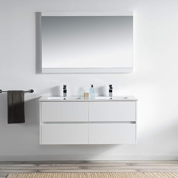Blossom Bathroom Vanity with Double Ceramic Sinks and Mirror | All Wood Floating Vanity Cabinet | 2x2 Soft-Closing U-Shaped Cutout Drawers | 48" w/ 2 Ceramic Sinks and Mirror, Glossy White