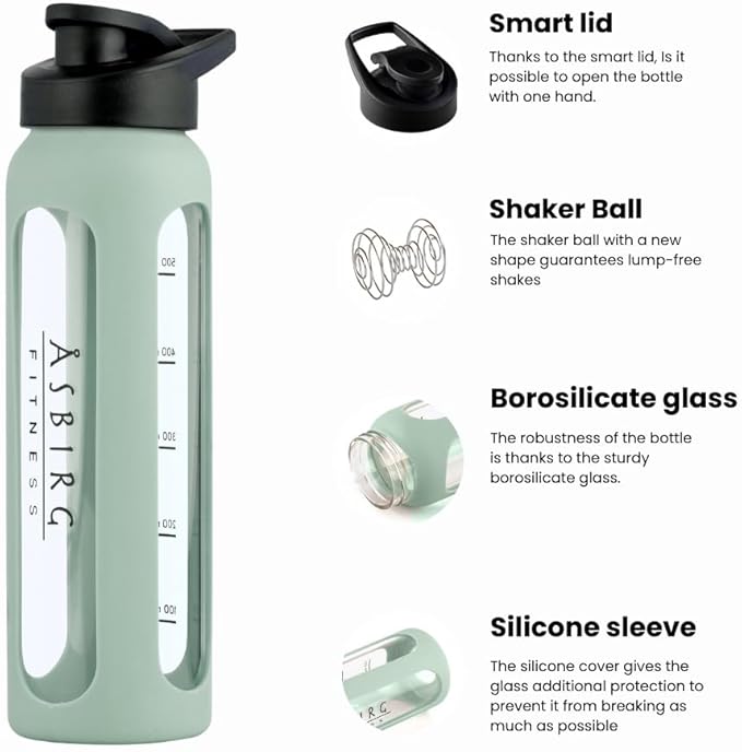 Fitness | Protein Shaker Made of Glass | Protein Shaker | Drinking Bottle | with Spiral Ball | Black (pastel green)