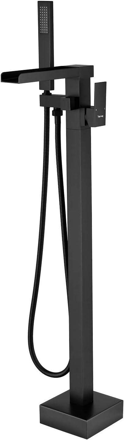 TapLong Freestanding Bathtub Faucet Tub Waterfall Filler Floor Mount Bathroom Faucets Brass Single Handle with Hand Shower High Flow Rate Max 6 GPM (Matte Black)