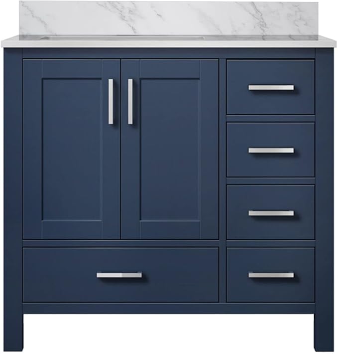 Big Sur 36 in. W x 22 in. D Left Offset Navy Blue Bath Vanity and Carrara Marble Top