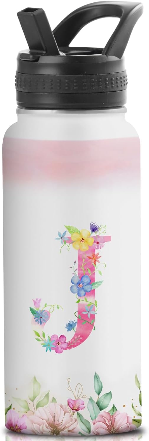 Personalized 32oz Water Bottle with Straw Customized Initial Letter Sport Bottles Monogrammed Initial Insulated Bottle Coffee Mug for Travel (J)