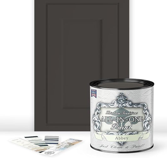 ALL-IN-ONE Paint, Durable cabinet and furniture paint. Built in primer and top coat, no sanding needed. Includes our 30 featured color card - Abbey (warm gray), Quart