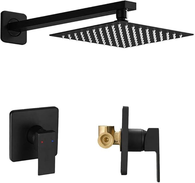 Matte Black Shower Faucet Set, Single Function Shower Trim Kit with Rough-in Valve, Square Rain Shower Head System Included Extra Long Shower Arm for Bathroom