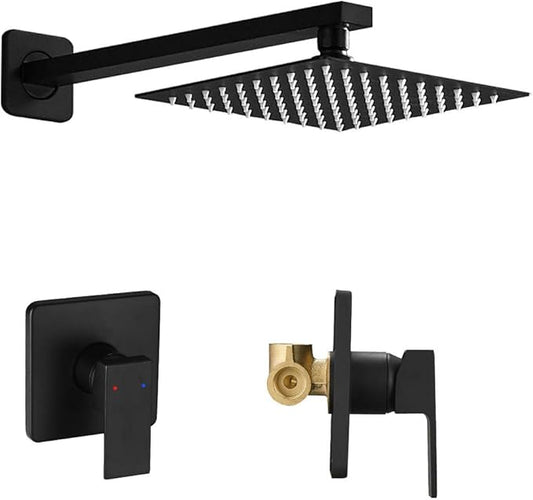 Matte Black Shower Faucet Set, Single Function Shower Trim Kit with Rough-in Valve, Square Rain Shower Head System Included Extra Long Shower Arm for Bathroom