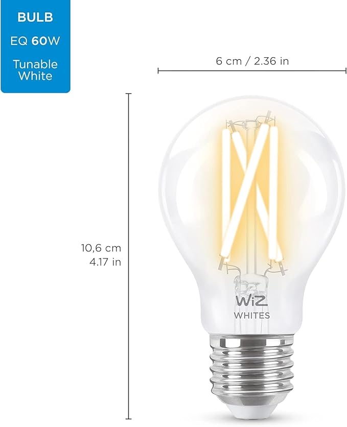 WiZ Connected Clear 60W A19 Tunable White Filament LED Smart Bulb - Pack of 6 - E26 - Indoor - Wi-Fi - Voice/App Control + Motion Activation - Matter Compatible