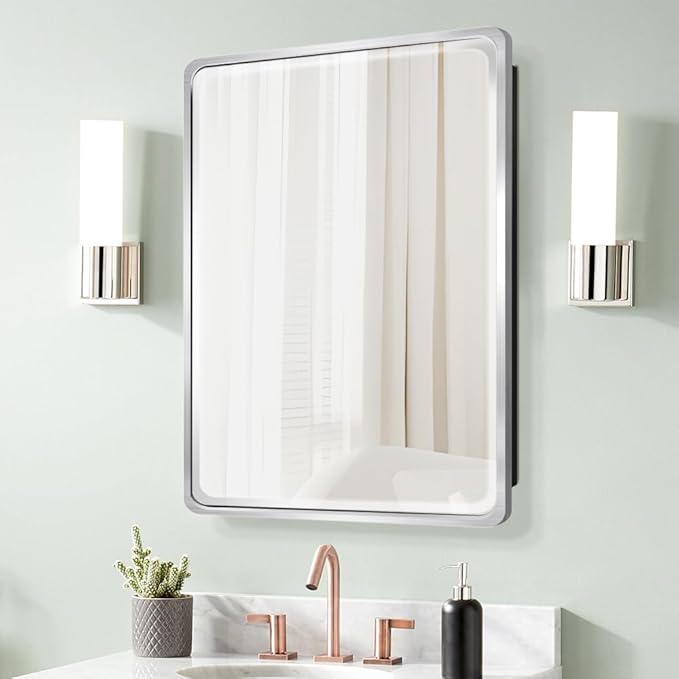 20×28inch Medicine Cabinet,Mirror Cabinet with Beveled Mirror,Solf Close Hinge,Brushed Metal Framed,Detachable Side Plate for Recess Mount or Surface Mount,Silver