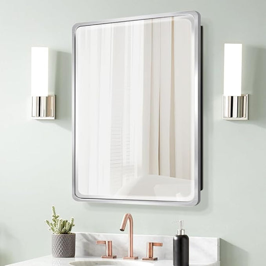 20×28inch Medicine Cabinet,Mirror Cabinet with Beveled Mirror,Solf Close Hinge,Brushed Metal Framed,Detachable Side Plate for Recess Mount or Surface Mount,Silver