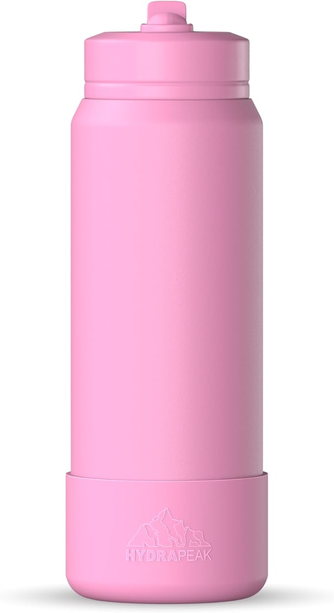 Hydrapeak 26oz Sport Insulated Water Bottle with Straw or Chug Lid, Leak & Spill Proof, Keeps Drinks Cold for 24 Hours, Hot for 12 Hours, Premium Stainless Steel Water Bottles (26oz, Bubblegum)
