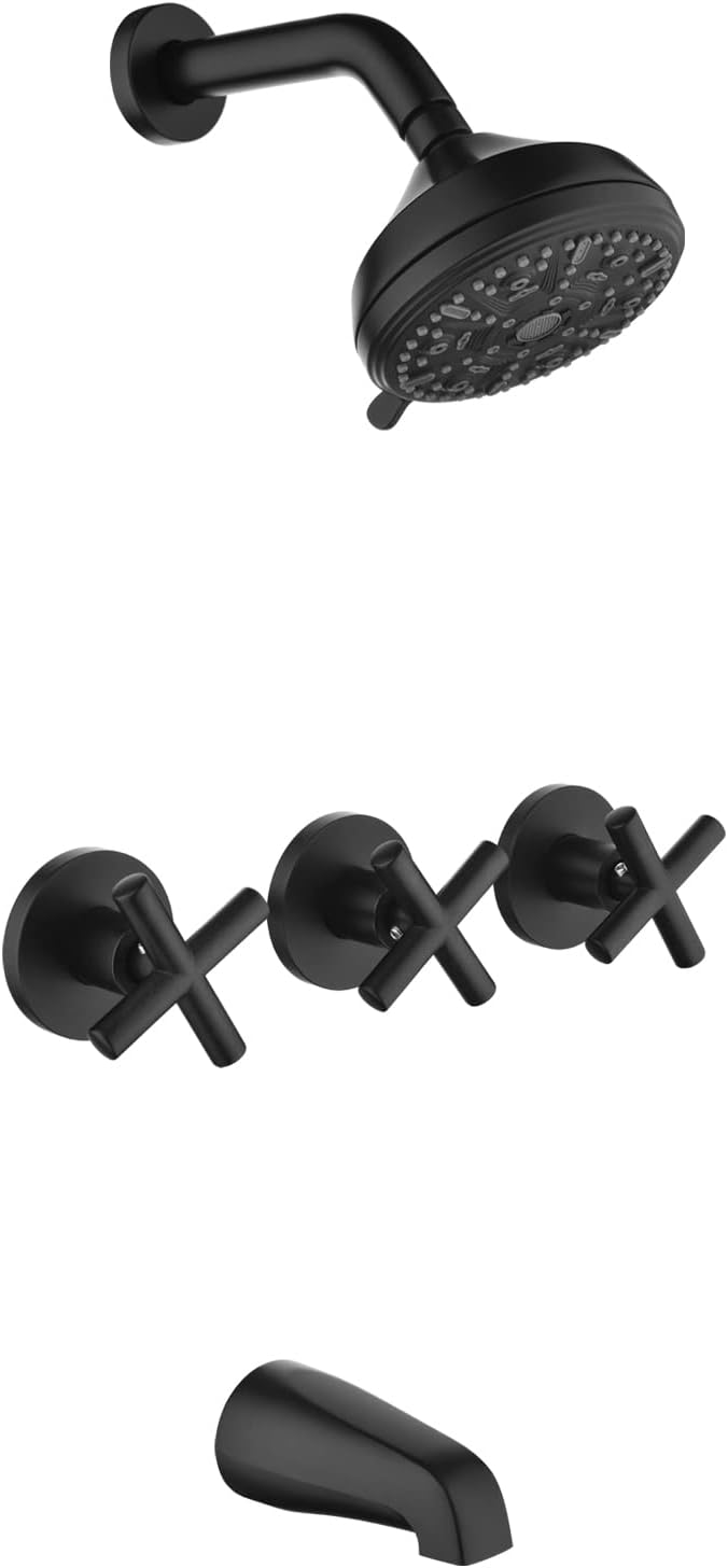 3 Handles Shower Faucet Set with Tub Spout Bathtub Shower Faucets Combo Set Shower System Complete Tub and Shower Trim Kit Shower Fixtures Matte Black