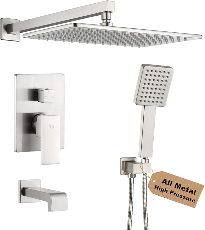 POP SANITARYWARE Shower Tub Faucet Set Brushed Nickel Bathroom Shower System with Tub Spout Wall Mounted Rainfall 12 Inch Thickened Shower Head and Handle Set Include Shower Valve and Trim Kit