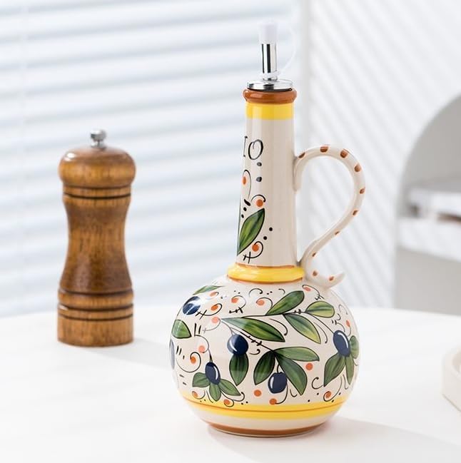 Italian Ceramic Olive Oil Dispenser Bottle 23oz, Hand Painted Olive Oil Bottles, Decorative Stoneware Olive Oil Cruet for Kitchen with Stainless Steel Spout for Oils, Sauces, Vinegar