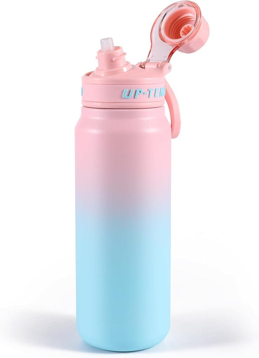 28oz Sports Water Bottle with Straw, Stainless Steel Vacuum Insulated Cooling Water Bottle, Leak Proof Metal Water Bottle, Double Insulated, Suitable for Sports, Gym and Travel (Pink & Light Blue)