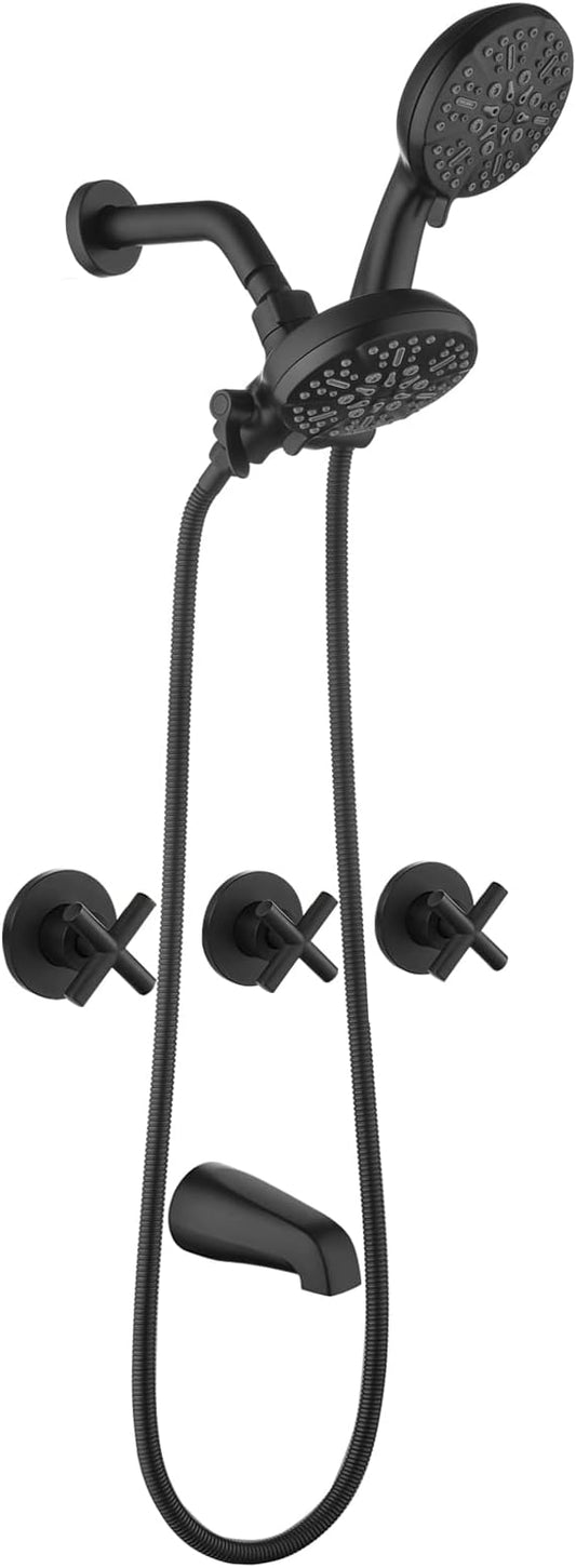 3 Handles Shower Faucet Set with Tub Spout Bathtub Shower Faucet Combo Set Shower Systems Complete Tub and Shower Trim Kit Matte Black…