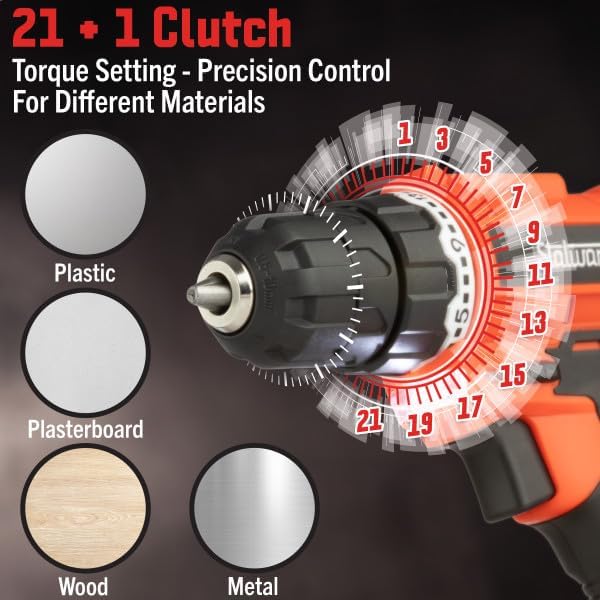 71-Piece Drill Set - 20V Cordless Drill with 21+1 Torque and Accessory Kit with Rechargeable Battery, LED Light, and Drill Bit Set by Stalwart (Red)