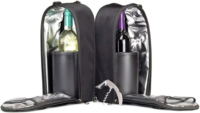 CaddyO Dual Travel Tote with 2 Wine Chillers, adjustable shoulder strap, 6 storage pockets, Sommelier Bottle Opener, 3 layers insulation. Zips apart - becomes two individual totes.