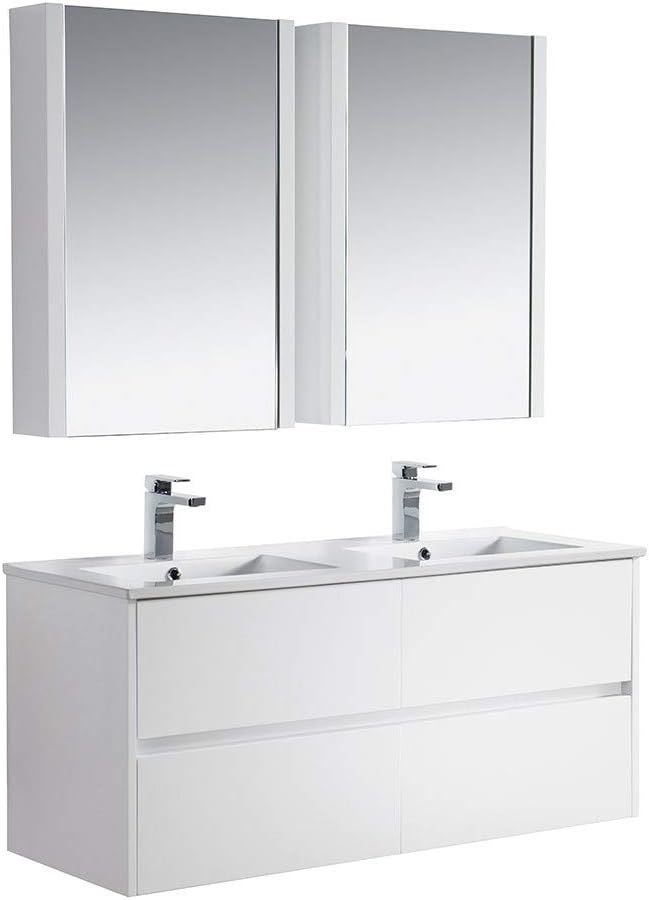 Blossom 48 Inch Bathroom Vanity with Double Ceramic Sinks and Mirror Medicine Cabinet | All Wood Floating Bathroom Vanity Cabinet | 2x2 Soft-Closing U-Shaped Cutout Drawers | 48 Inch, Glossy White