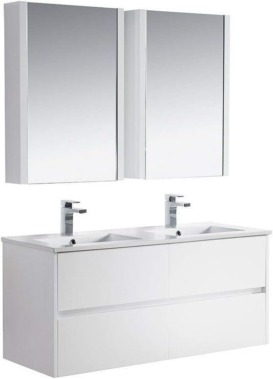 Blossom 48 Inch Bathroom Vanity with Double Ceramic Sinks and Mirror Medicine Cabinet | All Wood Floating Bathroom Vanity Cabinet | 2x2 Soft-Closing U-Shaped Cutout Drawers | 48 Inch, Glossy White