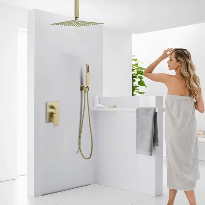 12 Inch Brushed Gold Ceiling Mount Shower System Bathroom Luxury Rain Mixer Shower Combo Set Ceiling Rainfall Shower Head System Faucet Contain Rough-in Valve and Trim Included