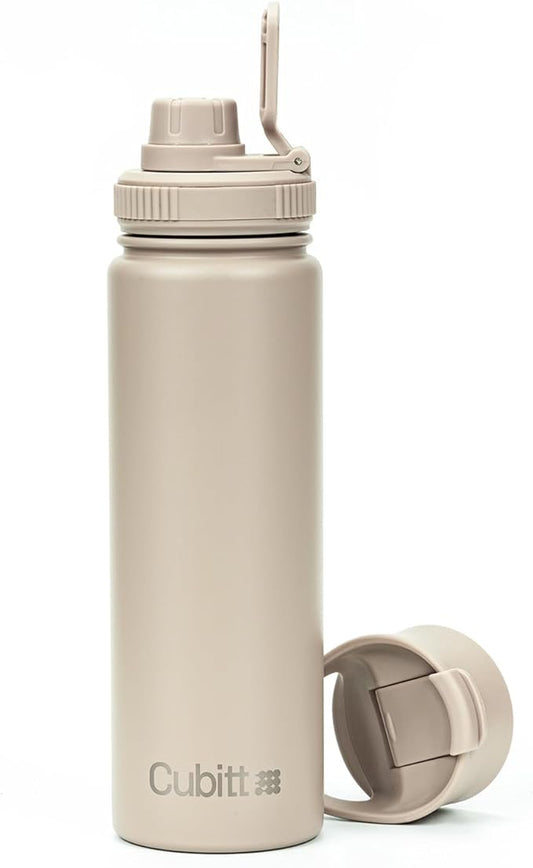 Cubitt Insulated Sports Hydro Water Bottle 24 oz, 2 Lids (Coffee Lid and Wide Mouth Twist Sports Lid), Stainless Steel, Double Walled. Cold for up to 24 hours, Hot for up to 12 hours Sand