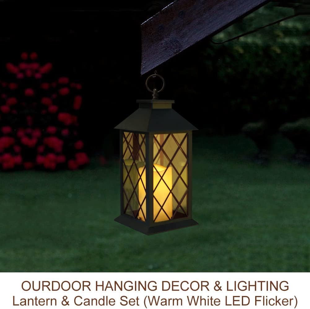 Bright Zeal 13.5" Black Vintage Candle Lantern with LED Pillar Candle and Timer - IP44 Waterproof Porch Light - Tabletop Lantern Decorative Outdoor