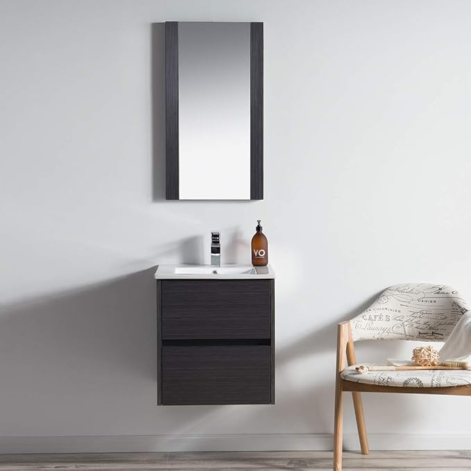 Blossom Single Bathroom Vanity with Ceramic Sink and Mirror | All Wood Floating Vanity Cabinet | 2 Soft-Closing U-Shaped Cutout Drawers | 20" w/Ceramic Sink and Mirror, Silver Grey