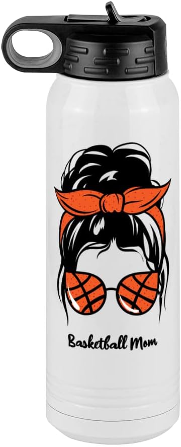 Basketball Mom Water Bottle, Messy Bun, White 30 oz Polar Camel with Straw Lid, Stainless Steel, Vacuum Insulated