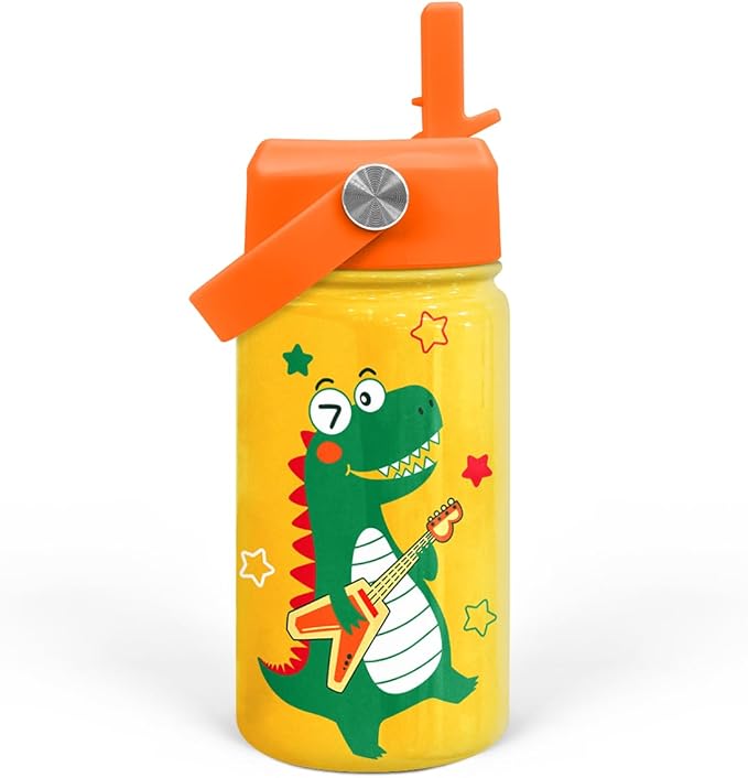 Dinosaurs Water Bottle - Dino Kids Water Bottle with Straw Lid - 12 Oz Insulated Stainless Steel Water Bottles for Toddlers Kid Boys - Travel Cup for School Sports