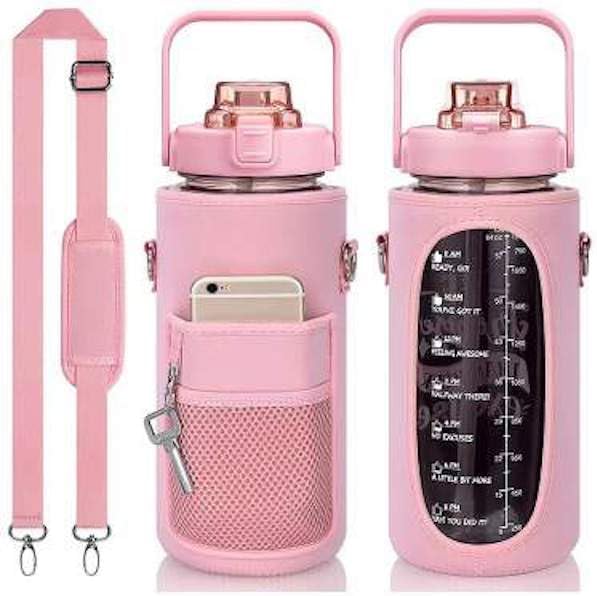 Motivational Water Bottle, Insulated Storage Sleeve, Carrying Strap, Pop Up Straw Pink
