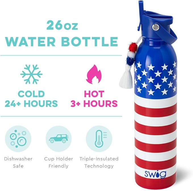 Swig Life 26oz Insulated Water Bottle, Travel Water Bottle with Straw and Lid, Cup Holder Friendly Water Bottles, Stainless Steel Water Bottle, 26 oz Tumbler, Reusable Water Bottle (All American)
