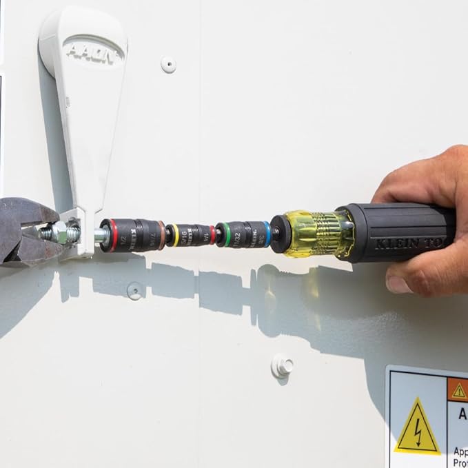 Klein Tools 32907 Impact Driver, 7-in-1 SAE Impact Socket Set, Flip Socket Set with 1/4, 5/16, 11/32, 3/8, 7/16 and 1/2-Inch Nut Driver Sizes and 1/4-Inch Bit Holder, 5-Inch Shaft