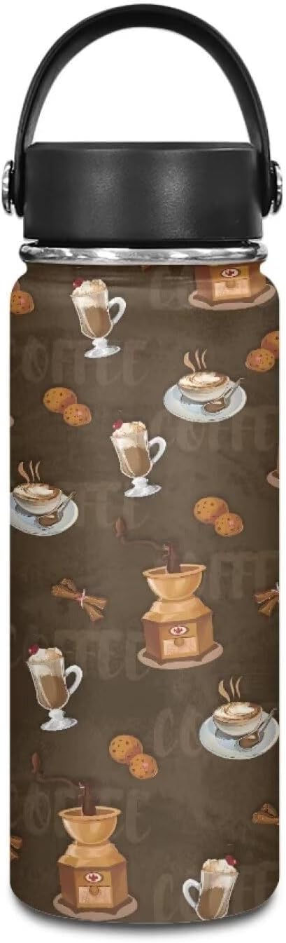 Coffee Print Insulated Water Bottle 20 Oz Stainless Steel Leak Proof Vacuum Easy to Clean Lightweight Keeps Cold and Hot Great for Travel Hiking Biking Running