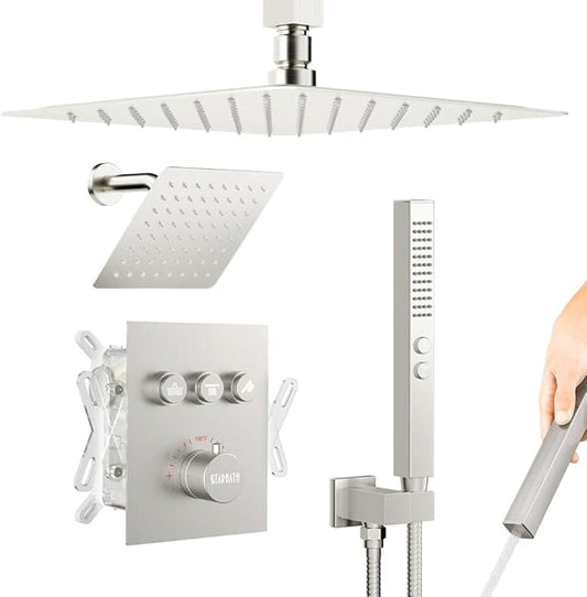 Thermostatic Shower Systems Brushed Nickel Shower Faucets Sets, STARBATH 12+ 8" Ceiling Mount Rain Shower and 2 in 1 Handhled, Can Use All at Once, Push Button 3 Modes Valve Complete Shower Set