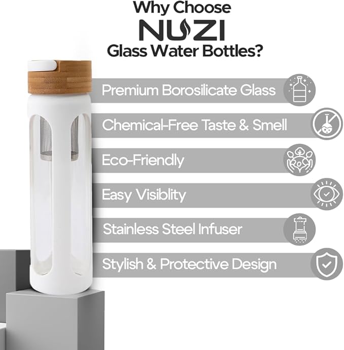 NUZI Glass Water Bottles with Stainless Steel Fruit Infuser | Insulated Water Bottle | Reusable Glass Water Bottles with Silicone Sleeve & Bamboo Lid | BPA Free and Leakproof | White | 1 Pc