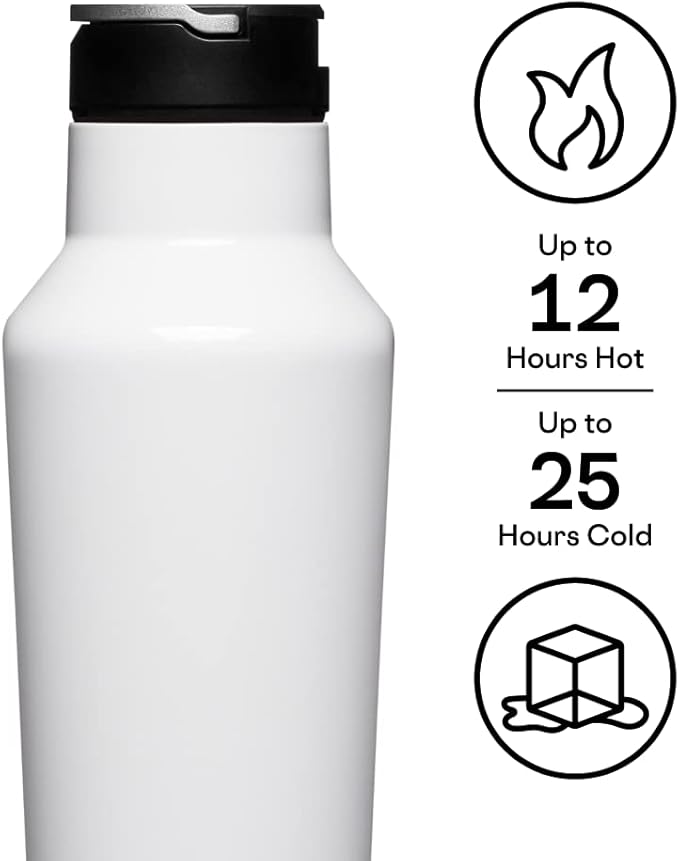 Corkcicle Insulated Canteen Travel Water Bottle, Triple Insulated Stainless Steel, Easy Grip Straw Mouth, Keeps Beverages Cold for 25 Hours or Warm for 12 Hours, 20oz, Gloss Black
