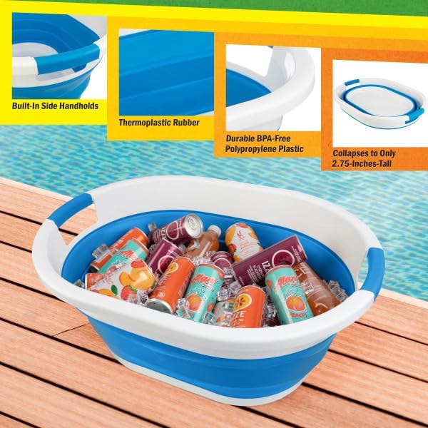 Collapsible Laundry Basket - 39L (10.3-Gallon) Portable Sink - Multipurpose Plastic Bin, Hamper, or Ice Bucket - Camping Essentials by Wakeman Outdoors (Blue)