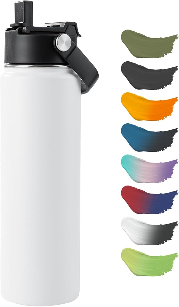 Kerilyn Stainless Steel Insulated Water Bottle, 24oz Double Wall Vacuum Insulated Water Bottle Leak Proof with Silicone Straw, Wide Mouth Lid, BPA Free, Keep Cold and Hot, 24oz, White