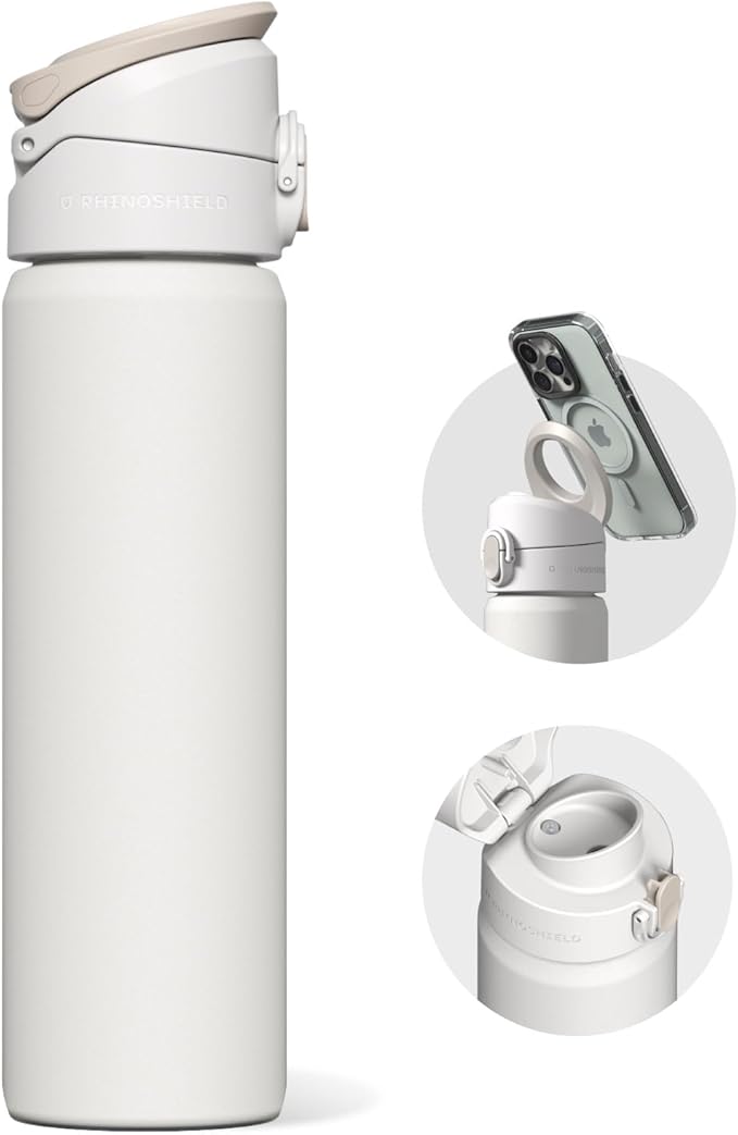 RHINOSHIELD AquaStand Magnetic Bottle 23 oz | Round Mouth Stainless Steel Insulated Water Bottle, Sport Bottle with MagSafe Compatible Handle, Tripod with Adjustable Angles, Leak Proof - Classic White