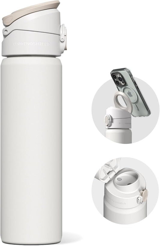 RHINOSHIELD AquaStand Magnetic Bottle 23 oz | Round Mouth Stainless Steel Insulated Water Bottle, Sport Bottle with MagSafe Compatible Handle, Tripod with Adjustable Angles, Leak Proof - Classic White