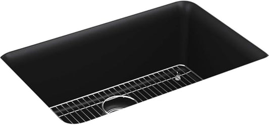 KOHLER K-28000-CM1 Cairn 27-1/2" Undermount Single-Bowl Kitchen Sink, Neoroc Composite Kitchen Sink with Sink Rack, Matte Black