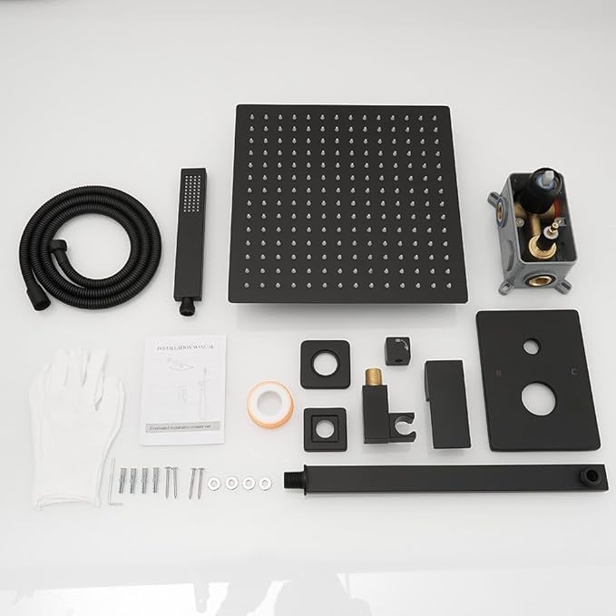 Shower Faucet Set Complete, Wall Mount Shower System for Bathroom 12 Inch High-Pressure Rainfall Shower with Handheld, Rough-in Valve Body and Trim Kit, Matte Black