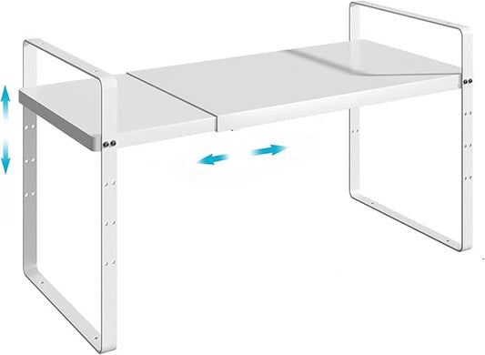 iPEGTOP Expandable Cabinet Storage Shelf Organizer Rack, Heavy Duty Cupboard Stand Spice Rack Adjustable Height Garage Pantry Shelf Space Riser for Counter Kitchen Organization, White, 1 Pack