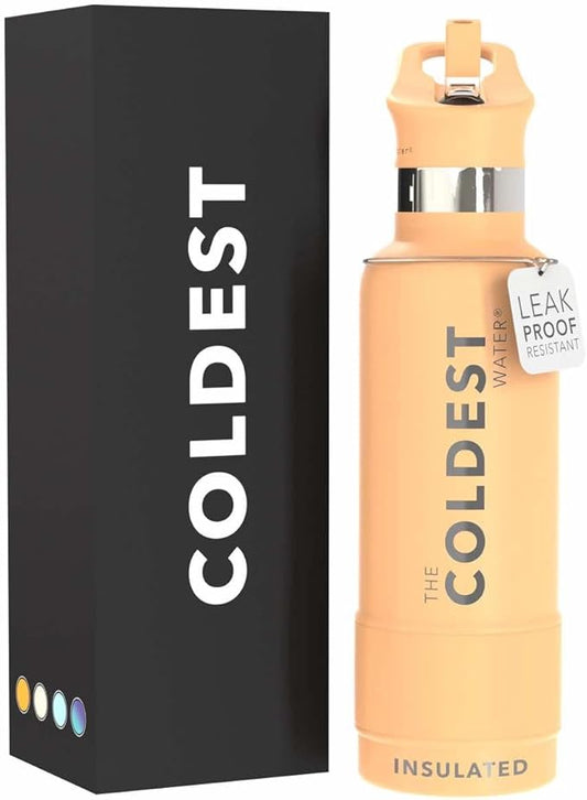 Coldest Water Bottle with Standard Mouth Straw Lid Metal Thermos Vacuum Insulated Stainless Steel l Reusable Leak Proof Cupholder Flask (21 oz, Sahara Peach)